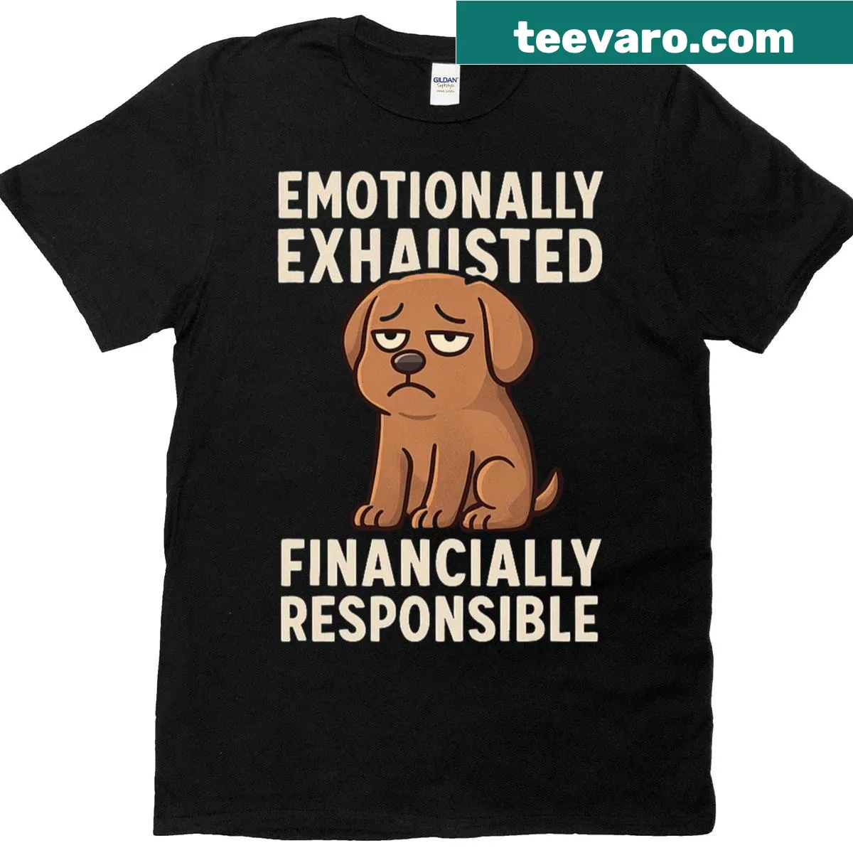 Funny shirt expressing the exhaustion of dog ownership with playful text — on a men's t-shirt