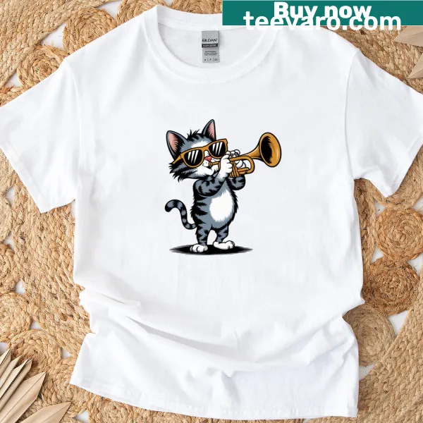 Trendy cat graphic t-shirt with sunglasses and trumpet