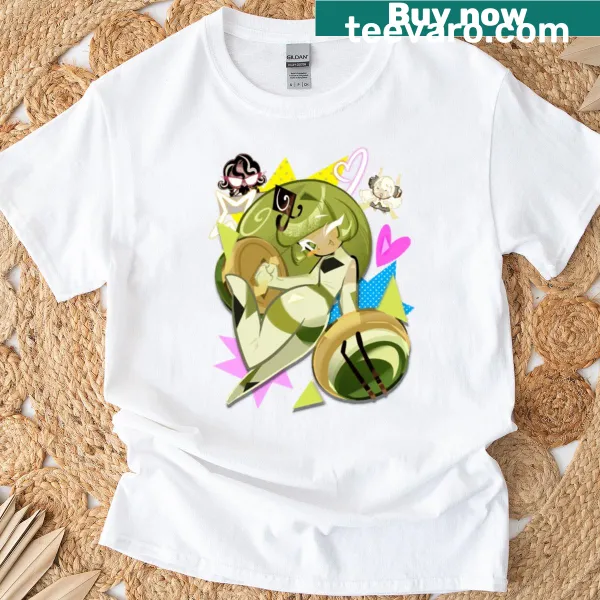 Illustrative T-shirt design featuring green tea mousse and shroomie cookies
