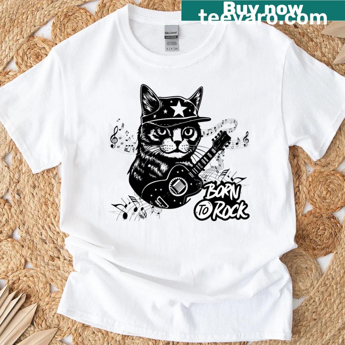 Cool cat with sunglasses and musical notes T-shirt design — on a men's t-shirt