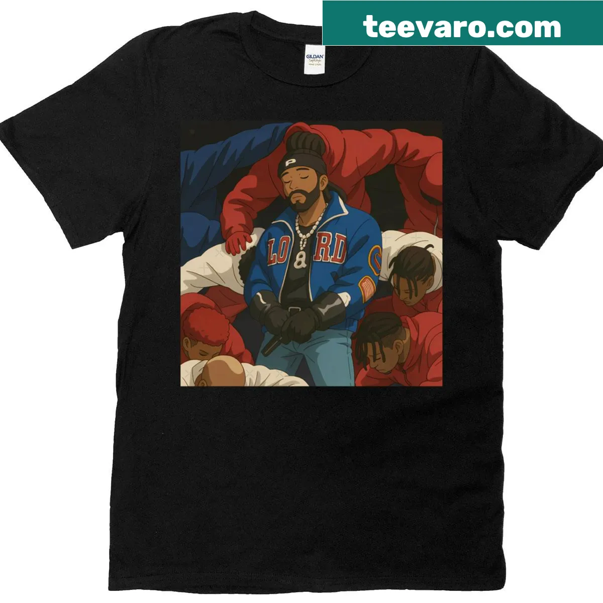 Anime character in hip hop style graphic T-shirt — on a men's t-shirt