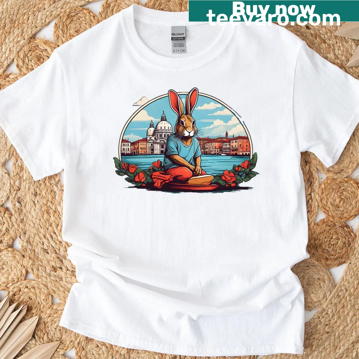 Adorable rabbit-themed Venice illustration t-shirt — on a men's t-shirt