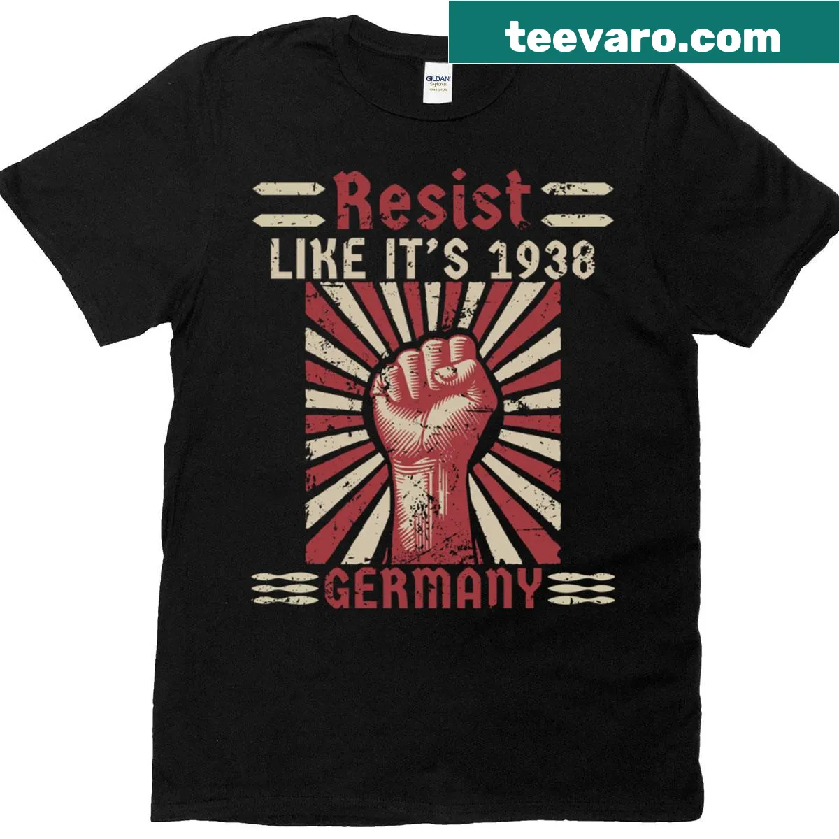 Boldly printed resist message t-shirt reflecting 1938 Germany history — on a men's t-shirt