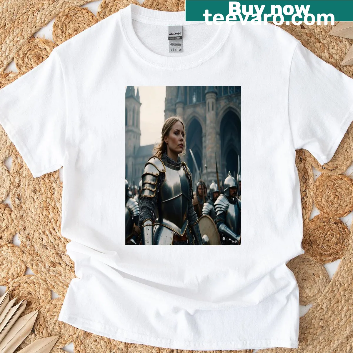 Tribute t-shirt featuring Joan of Arc with an inspirational message — on a men's t-shirt