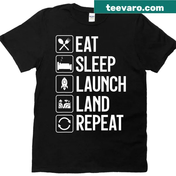 Graphic t-shirt illustrating launch, eat, sleep, and land activities
