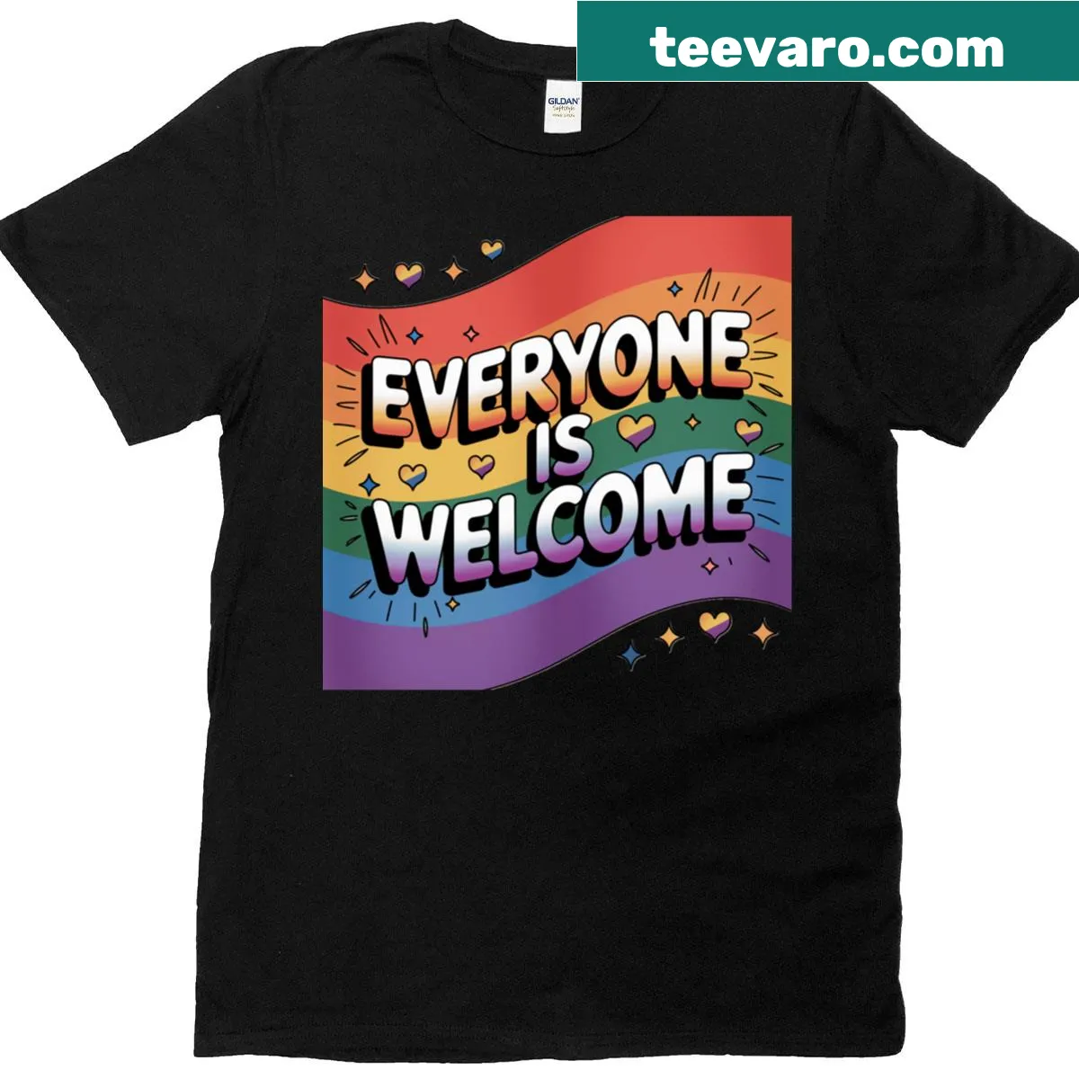 Pride t-shirt stating Everyone Is Welcome in bold typography — on a men's t-shirt