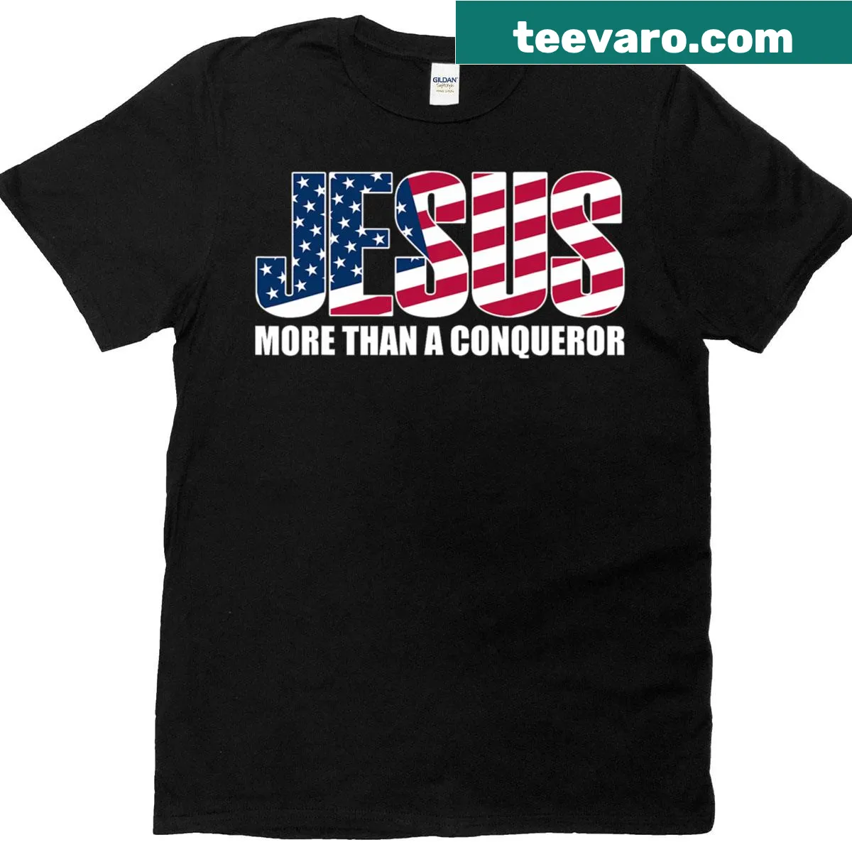 Inspirational t-shirt with 'More Jesus Than A Conqueror' text — on a men's t-shirt