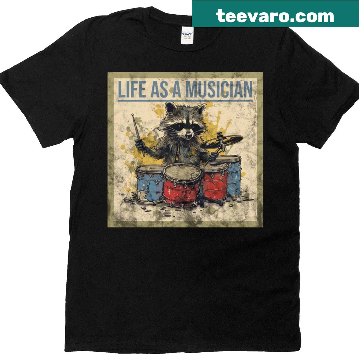 Cartoon raccoon t-shirt with 'Musician As Living Classic' text — on a men's t-shirt