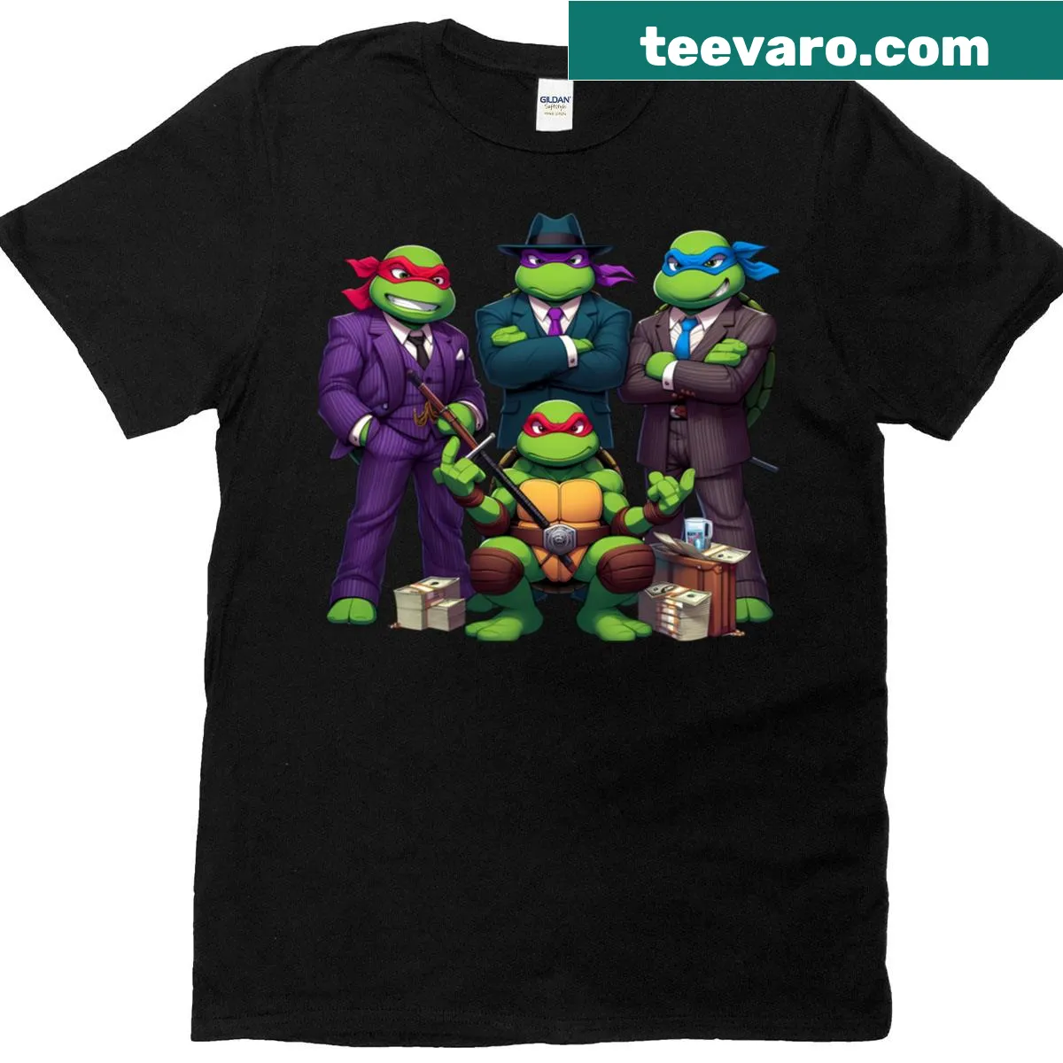 Cartoon-style T-shirt featuring Mutant Ninja Turtles in a mafia theme — on a men's t-shirt