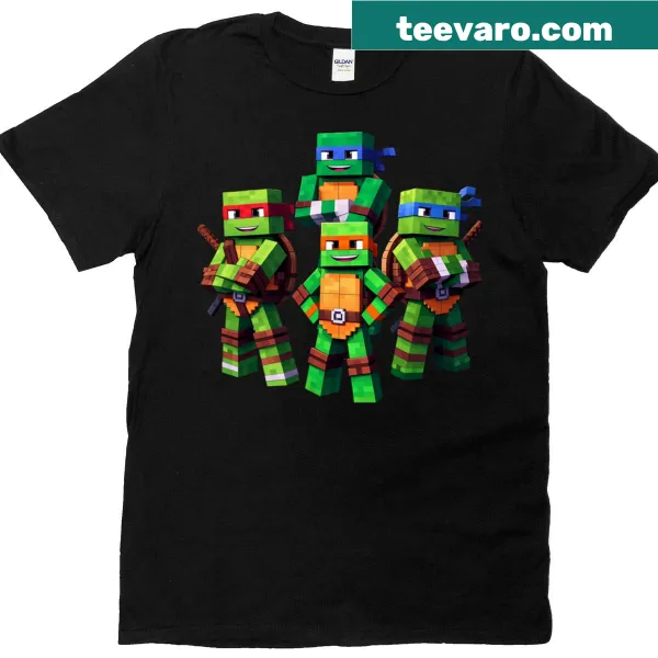 Cartoon t-shirt featuring Mutant Ninja Turtles and Minecraft elements