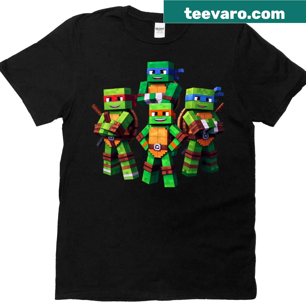 Cartoon t-shirt featuring Mutant Ninja Turtles and Minecraft elements — on a men's t-shirt