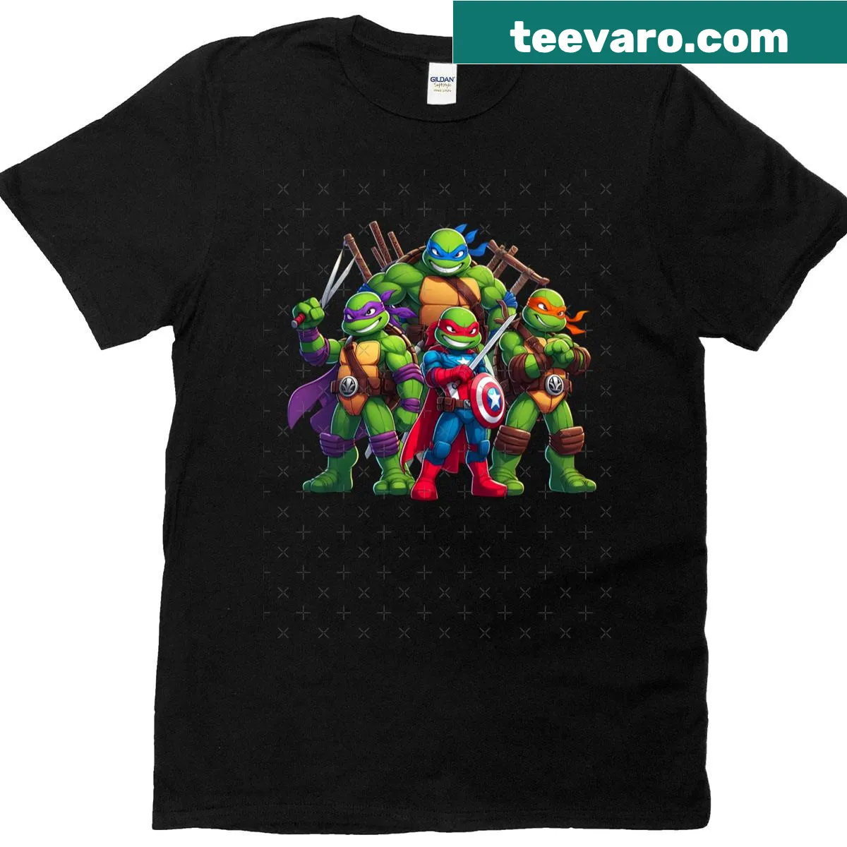 Cartoon-style T-shirt featuring Mutant Ninja Turtles as superheroes — on a men's t-shirt