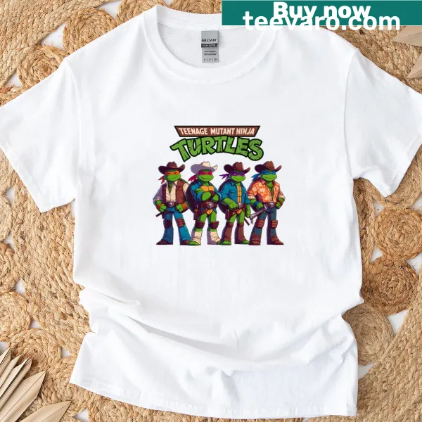Cartoon graphic of ninja turtle mutants and cowboys on a T-shirt