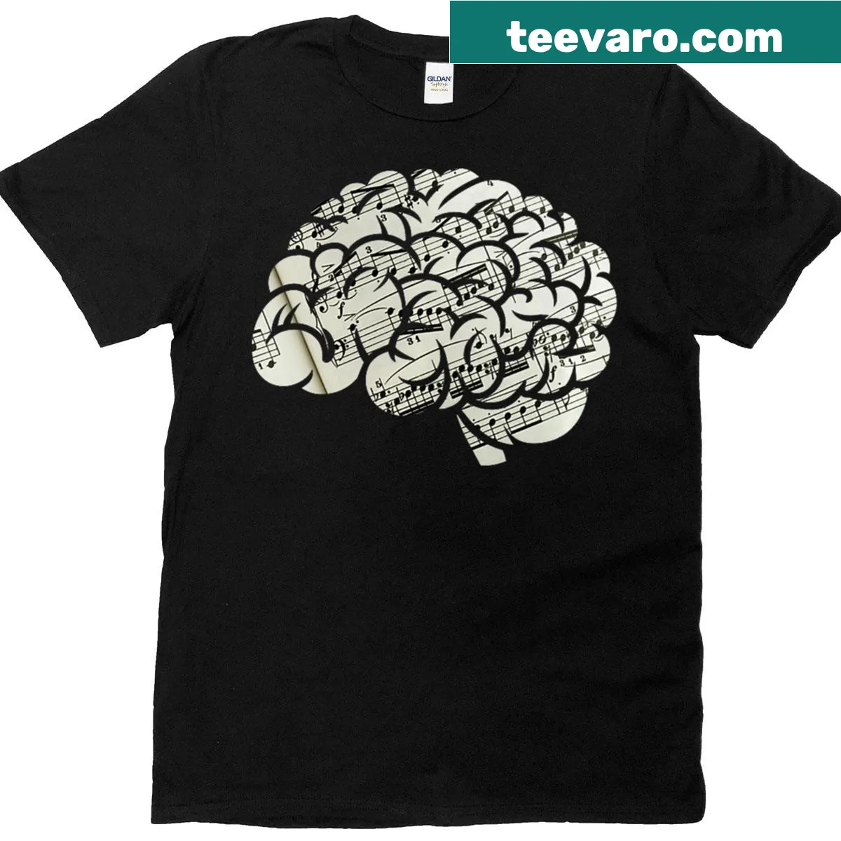 Piano design intertwined with a brain on a musical-themed t-shirt. — on a men's t-shirt
