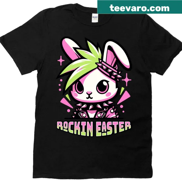 Punk rock Easter Bunny t-shirt with cartoon design.