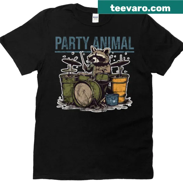 Cartoon raccoon playing drums on a party-themed t-shirt