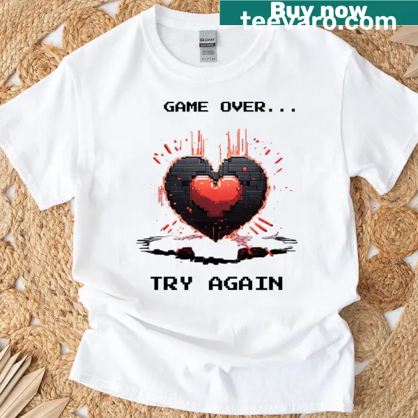 Retro t-shirt with 'Game Over' and pixel heart design for gamers.