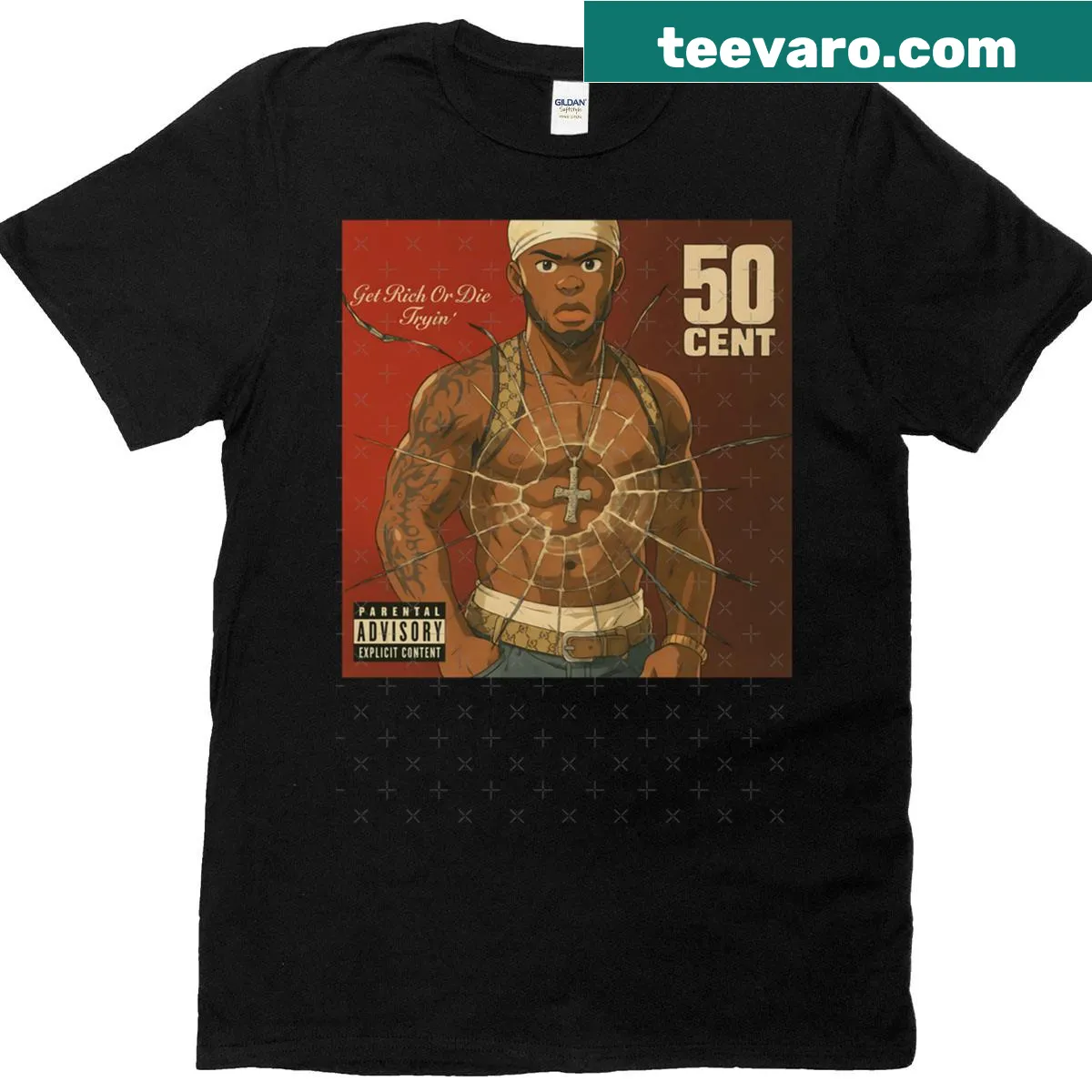 Anime style hip hop T-shirt featuring playful cartoon graphics — on a men's t-shirt