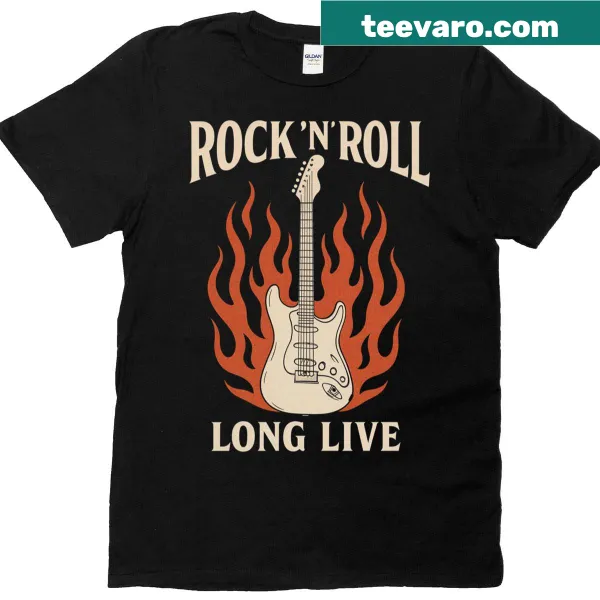 Vintage-style t-shirt with flaming guitar graphic