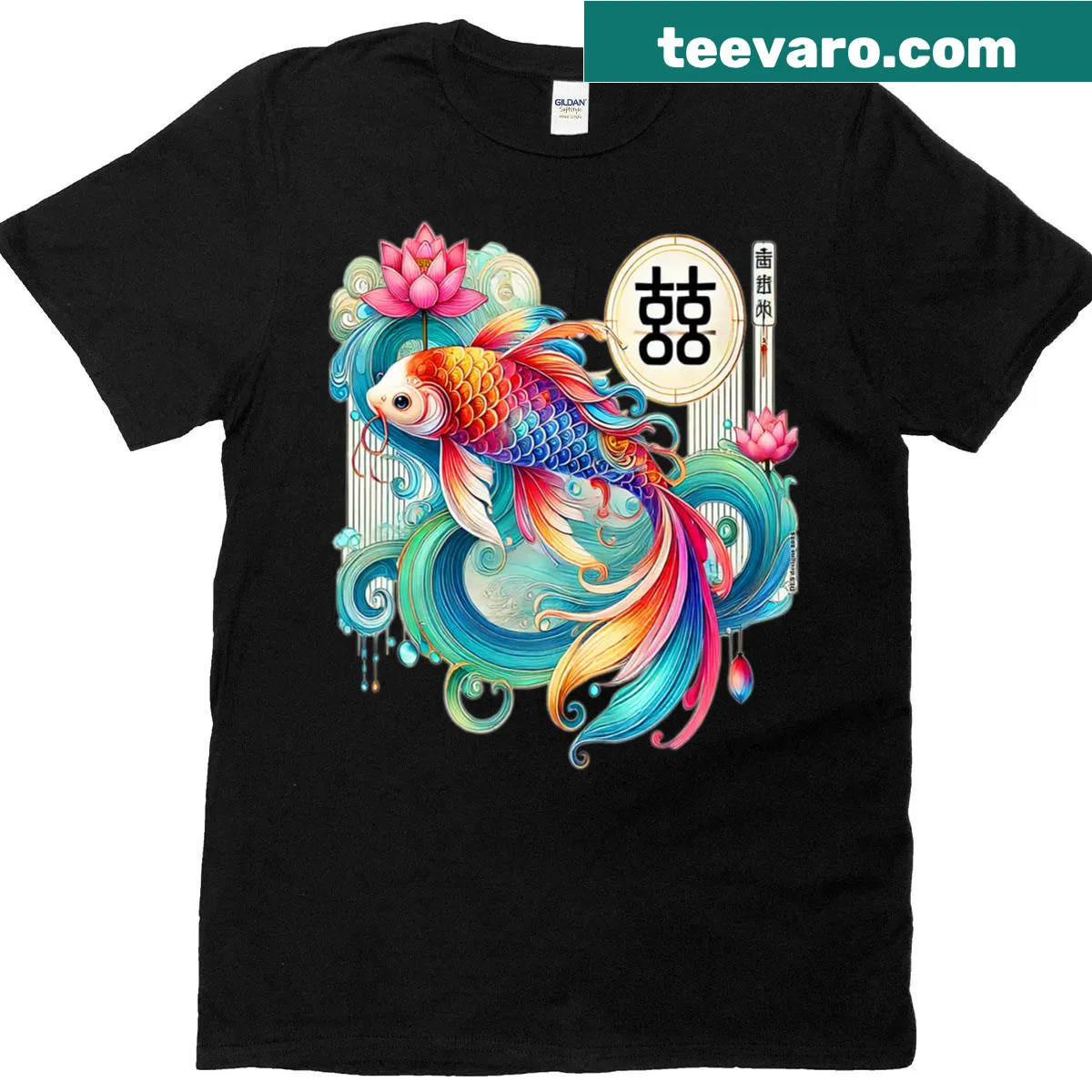 T-shirt featuring a spiritual koi fish design — on a men's t-shirt