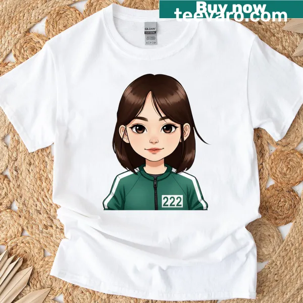 Graphic t-shirt featuring Squid Game Player 222 design