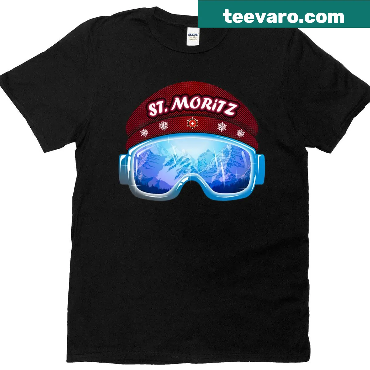 Ski-themed T-shirt with blue goggles design for winter sports lovers. — on a men's t-shirt