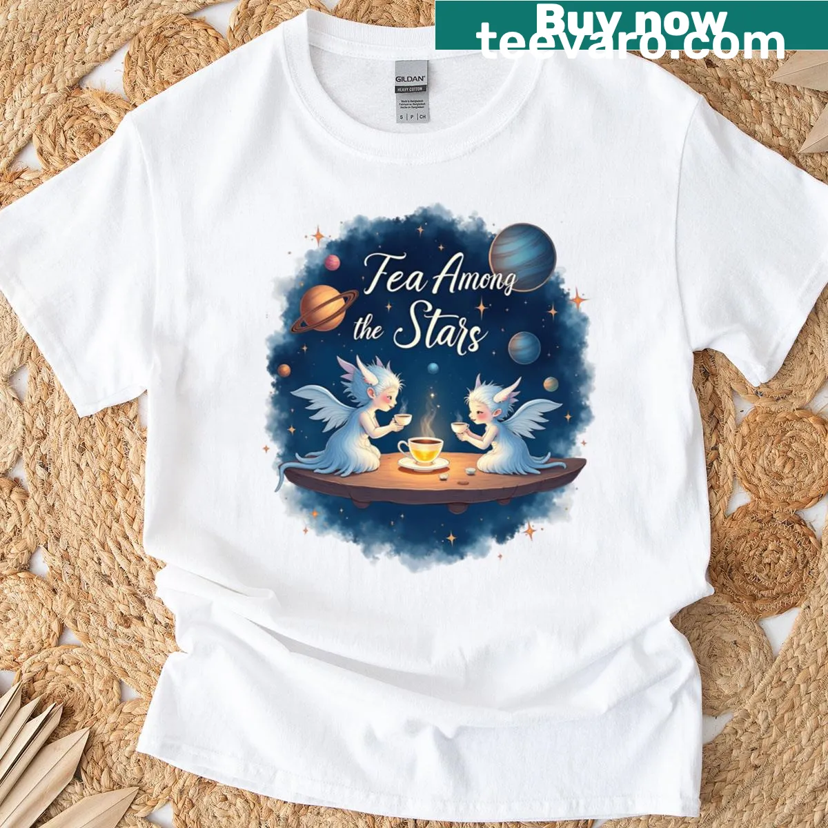 Whimsical tea party illustration with stars and teacups. — on a men's t-shirt