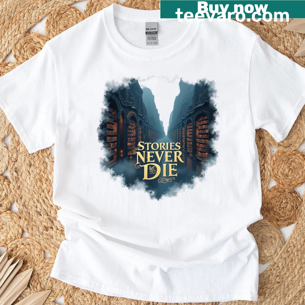 Typographic design stating 'Forgotten Stories Never Die' on T-shirt — on a men's t-shirt