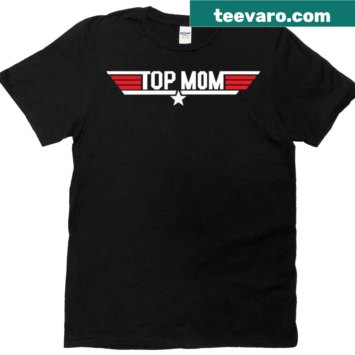 Top Gun style T-shirt honoring mothers with 'Top Mom' text — on a men's t-shirt