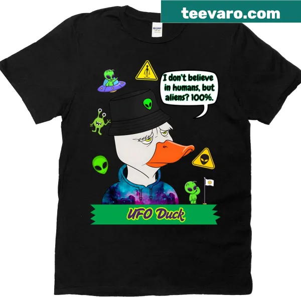 T-shirt featuring a whimsical duck and UFO illustration