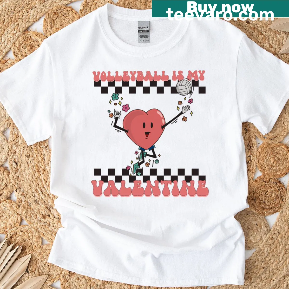 Retro heart volleyball t-shirt with playful graphics — on a men's t-shirt