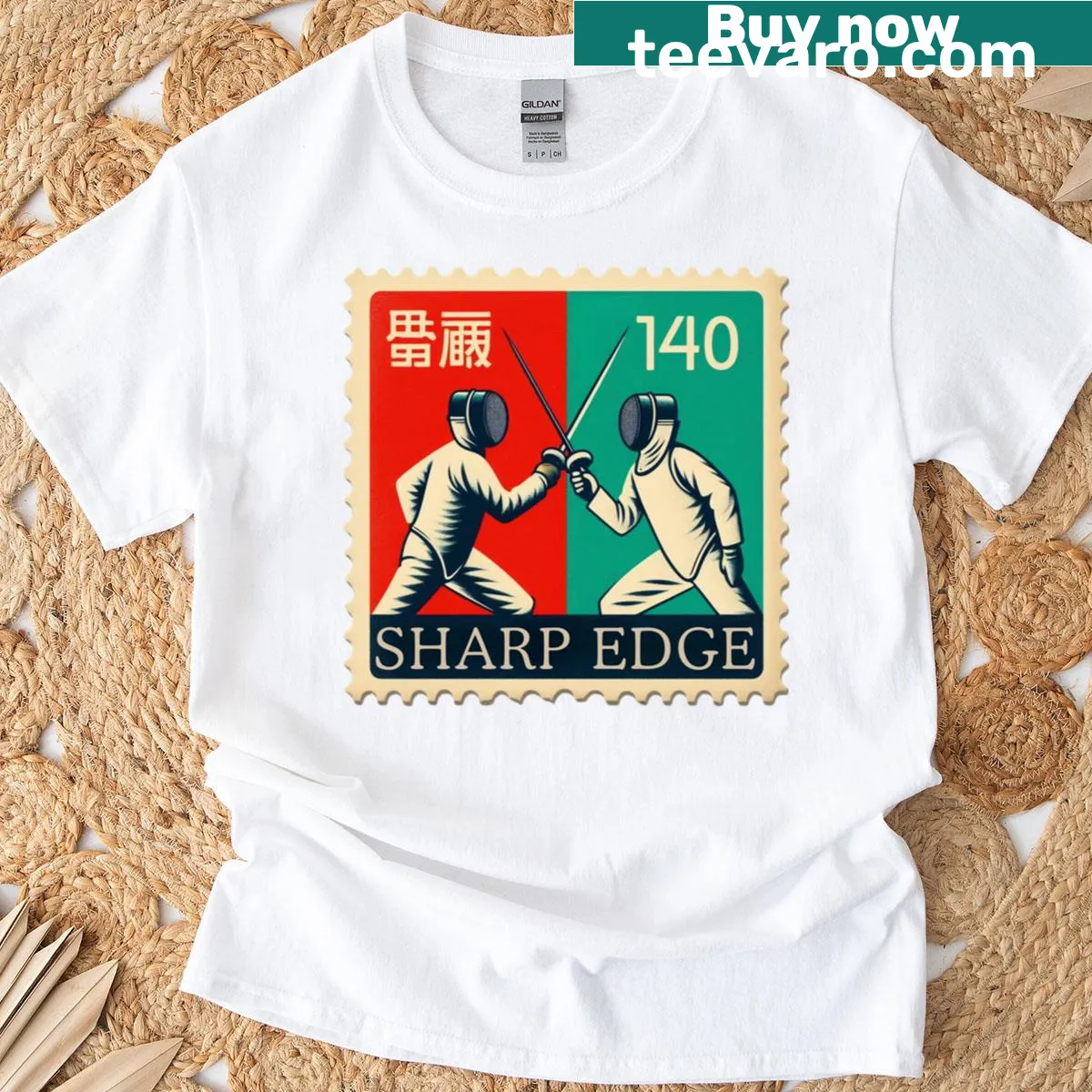 Vintage-inspired T-shirt featuring fencing duel graphics in a postage stamp style — on a men's t-shirt