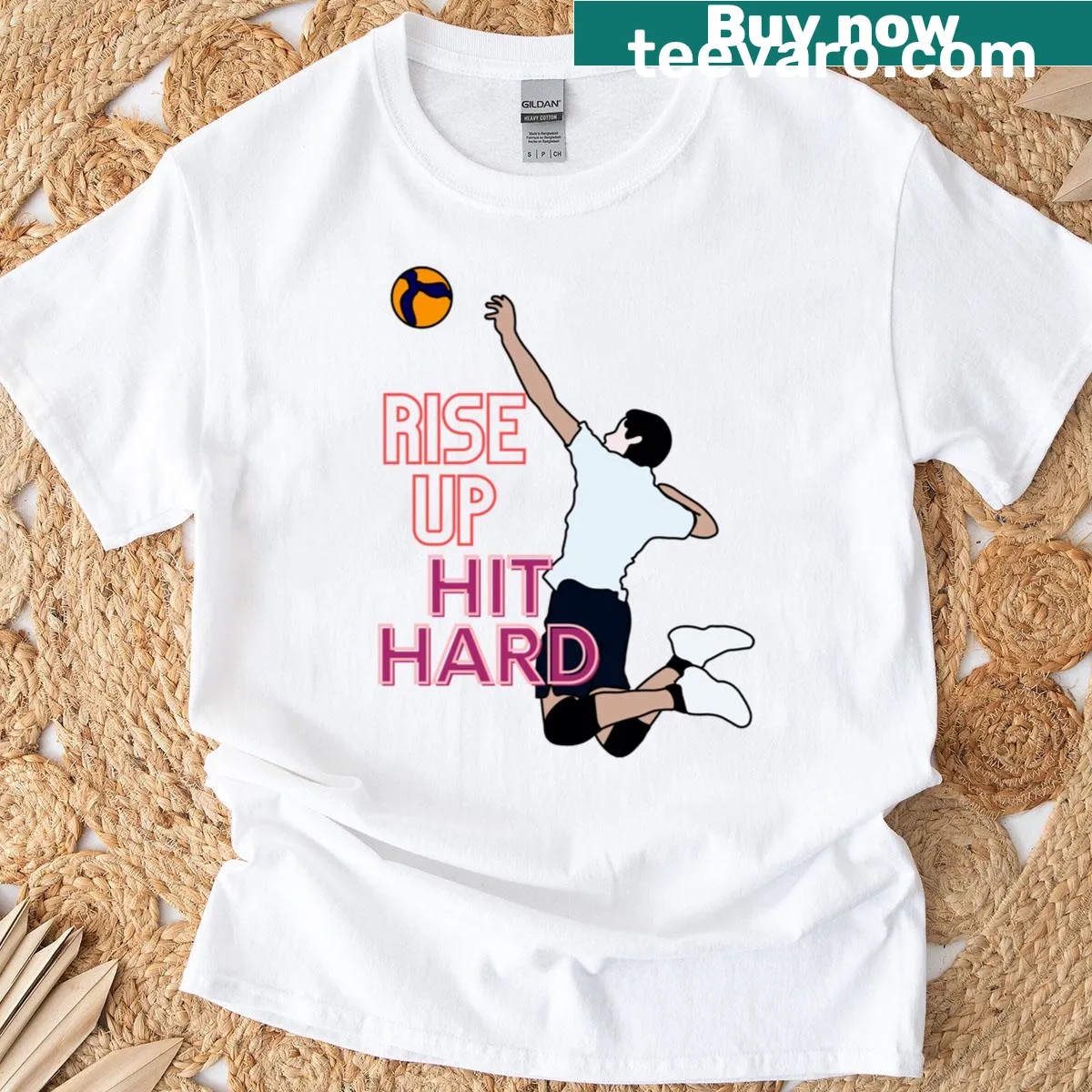 Retro volleyball t-shirt with a bold graphic promoting strength — on a men's t-shirt
