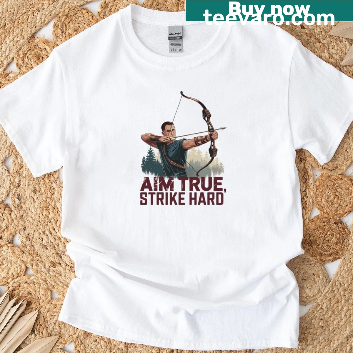 Inspirational T-shirt with 'TRUE Aim Strike Hard' typography design — on a men's t-shirt