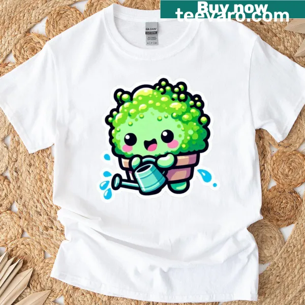 Cute pixel art t-shirt featuring a watering can and moss buddy