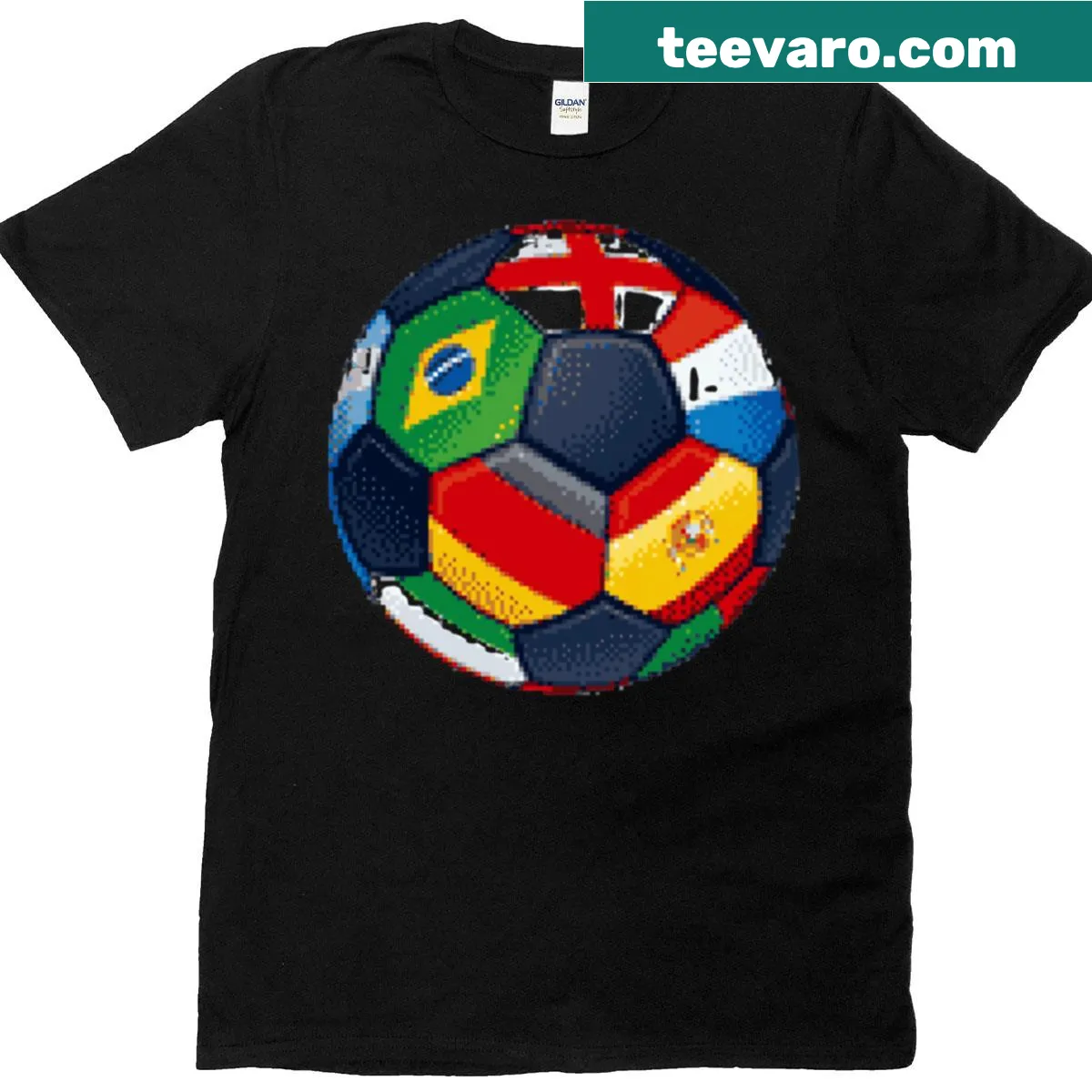 Pixel art soccer ball t-shirt with international flags. — on a men's t-shirt