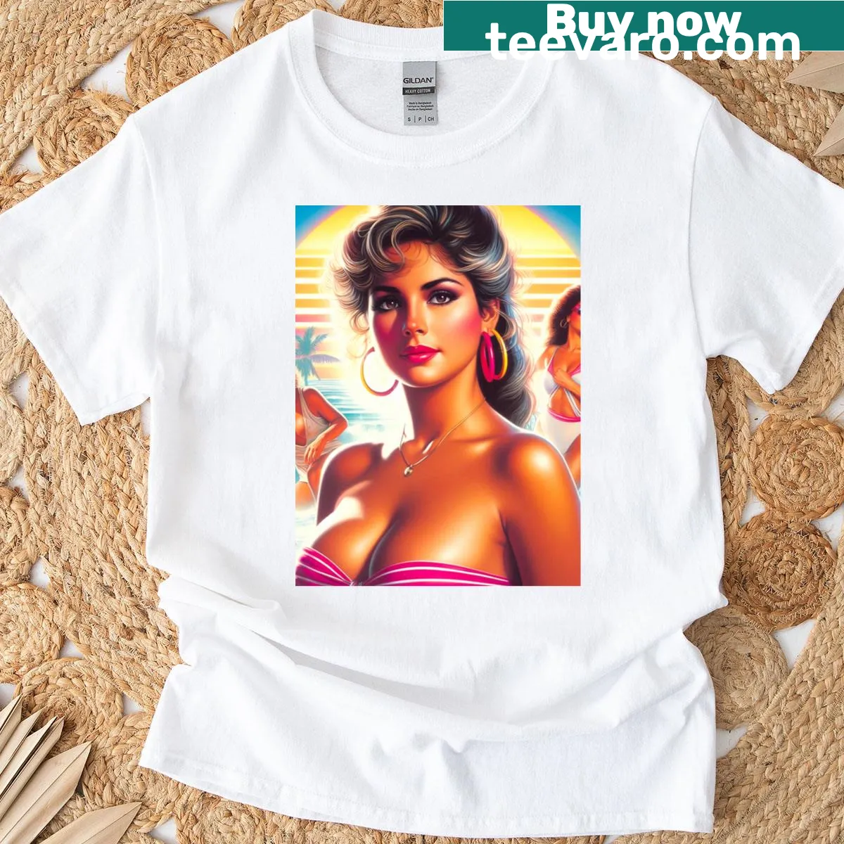 80s-inspired beach girl graphic t-shirt with playful illustration — on a men's t-shirt