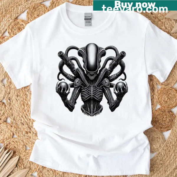 Whimsical T-shirt featuring alien landscapes and imaginative worlds.