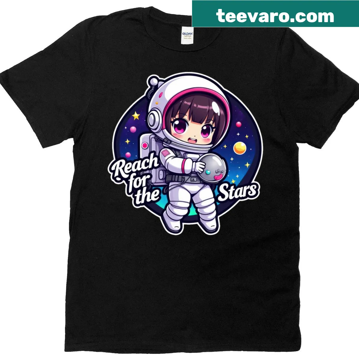 Anime astronaut girl reaching for the stars illustration — on a men's t-shirt
