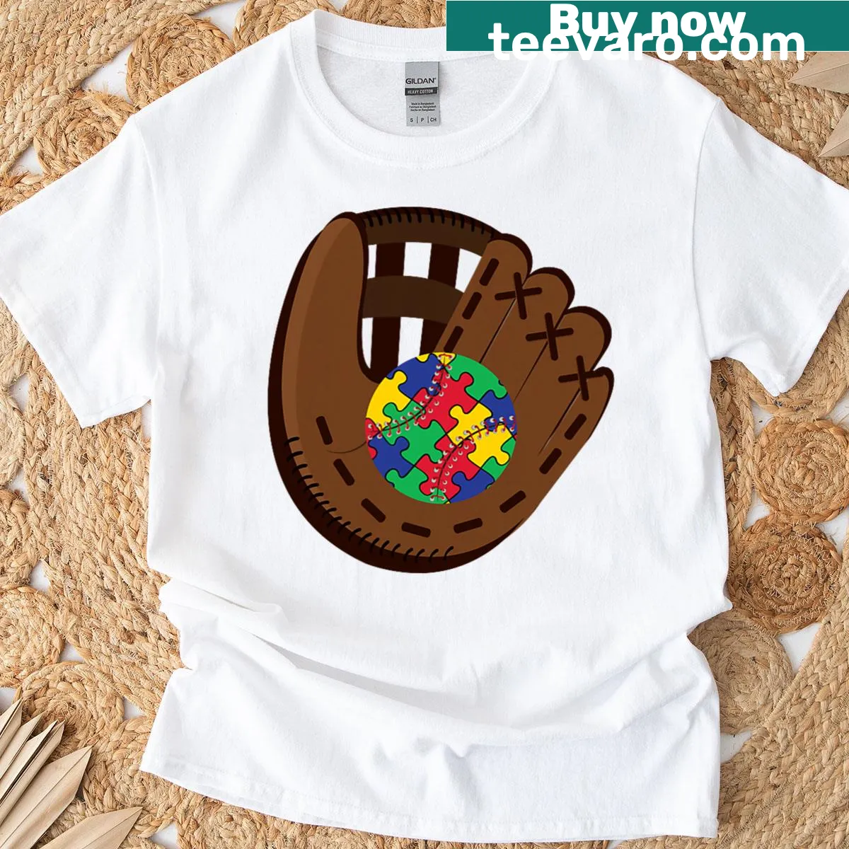 Cute T-shirt featuring a baseball player and puzzle pieces for Autism Awareness. — on a men's t-shirt