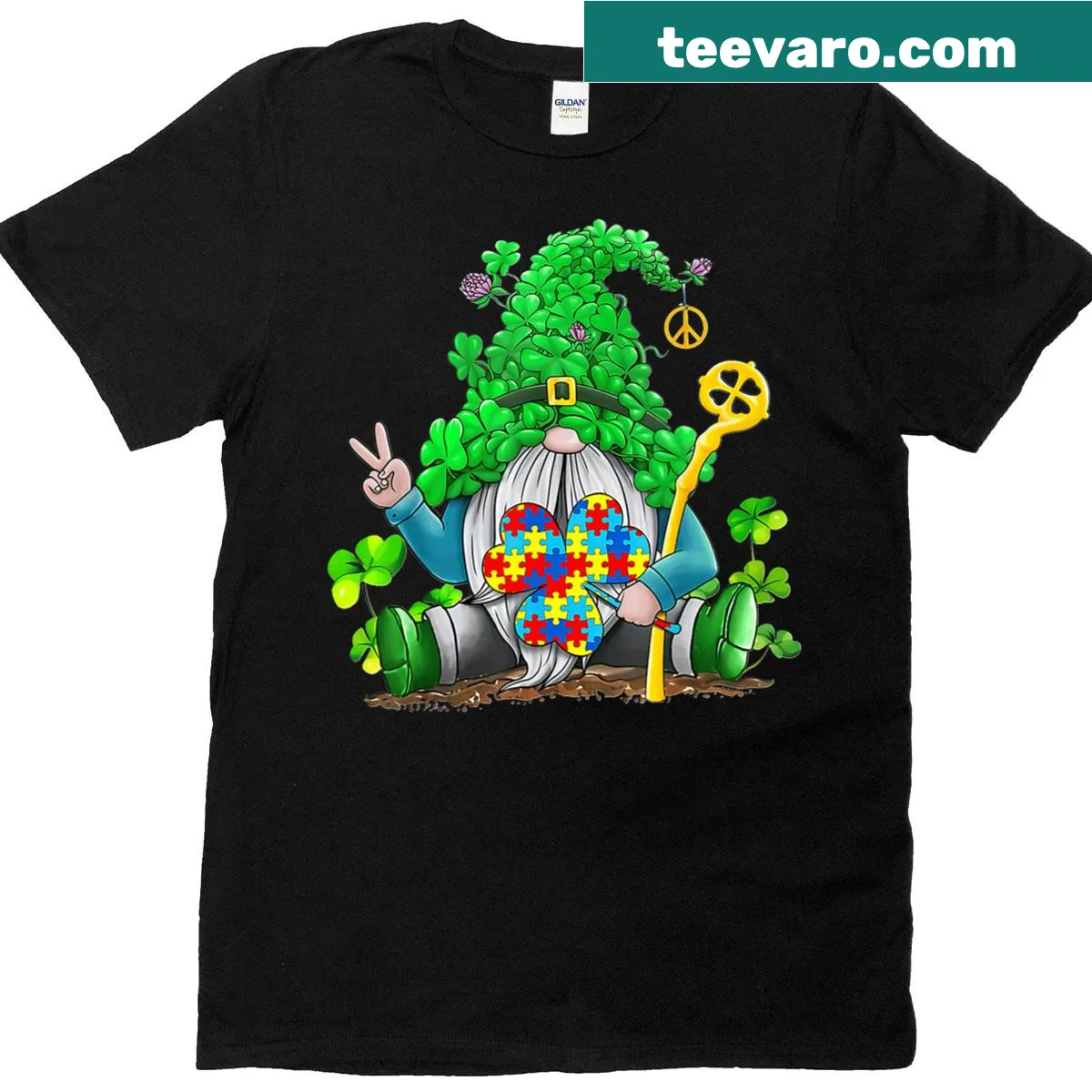 Cute St. Patrick's Day gnome t-shirt promoting autism awareness — on a men's t-shirt