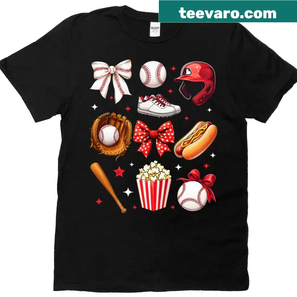 Cute baseball mom T-shirt with bow and baseball motifs