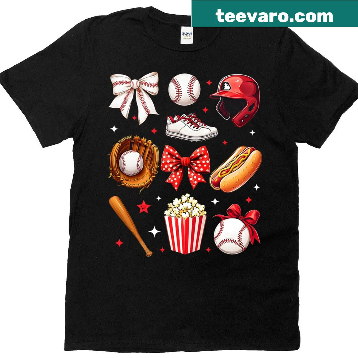 Cute baseball mom T-shirt with bow and baseball motifs — on a men's t-shirt