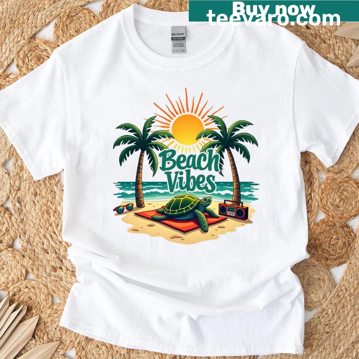 Playful turtle graphic on a T-shirt, embodying beach vibes. — on a men's t-shirt