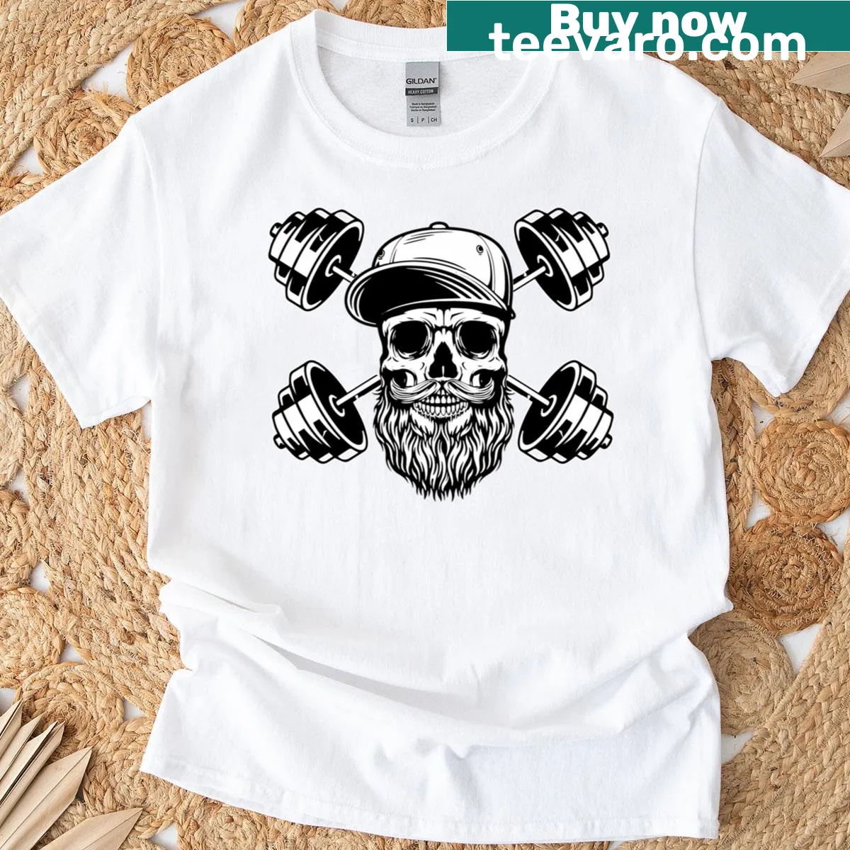 Bold graphic T-shirt featuring a bearded skull and dumbbells — on a men's t-shirt