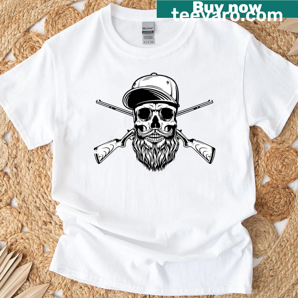 Tactical design t-shirt featuring a bearded skull and shotgun illustration — on a men's t-shirt