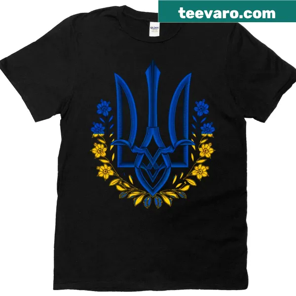 Ukrainian trident design with blooming flowers on T-shirt