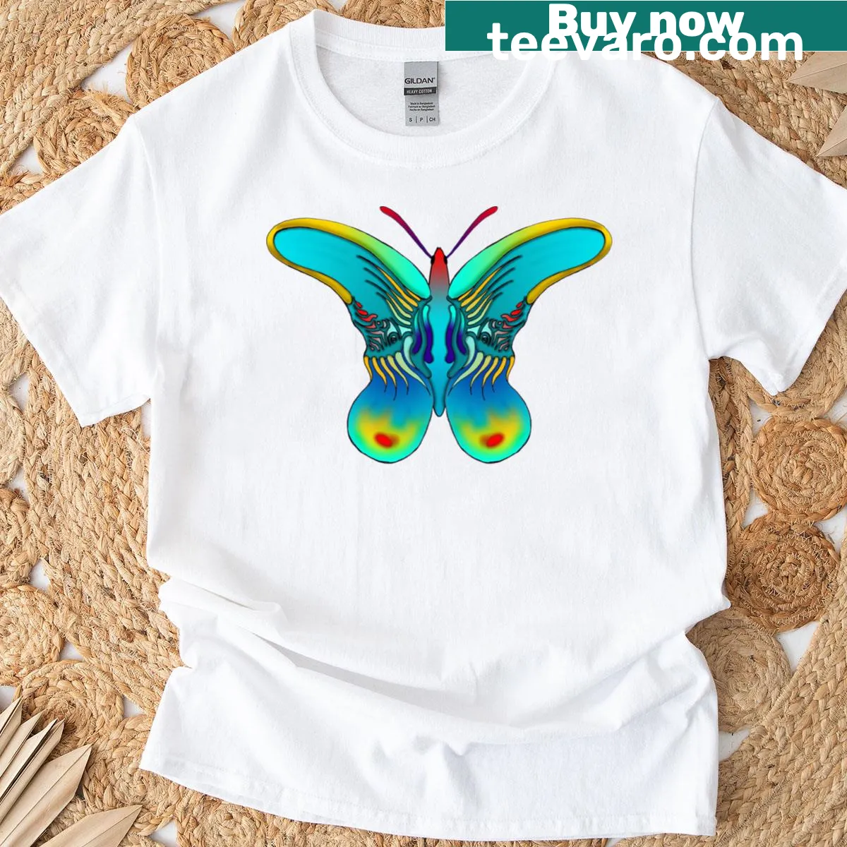 Illustrative T-shirt featuring a butterfly design, ideal for nature enthusiasts. — on a men's t-shirt
