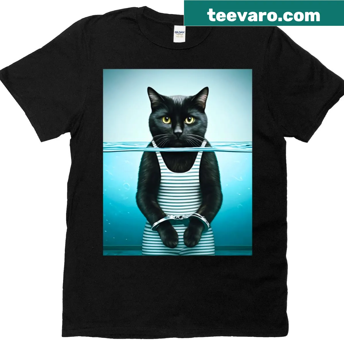 Black Cat Houdini t-shirt featuring a whimsical cat design — on a men's t-shirt
