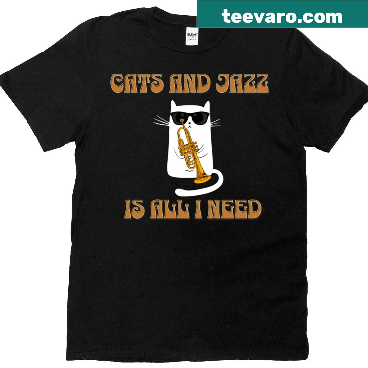 Cats And Jazz t-shirt featuring cute cat and music-themed graphics — on a men's t-shirt